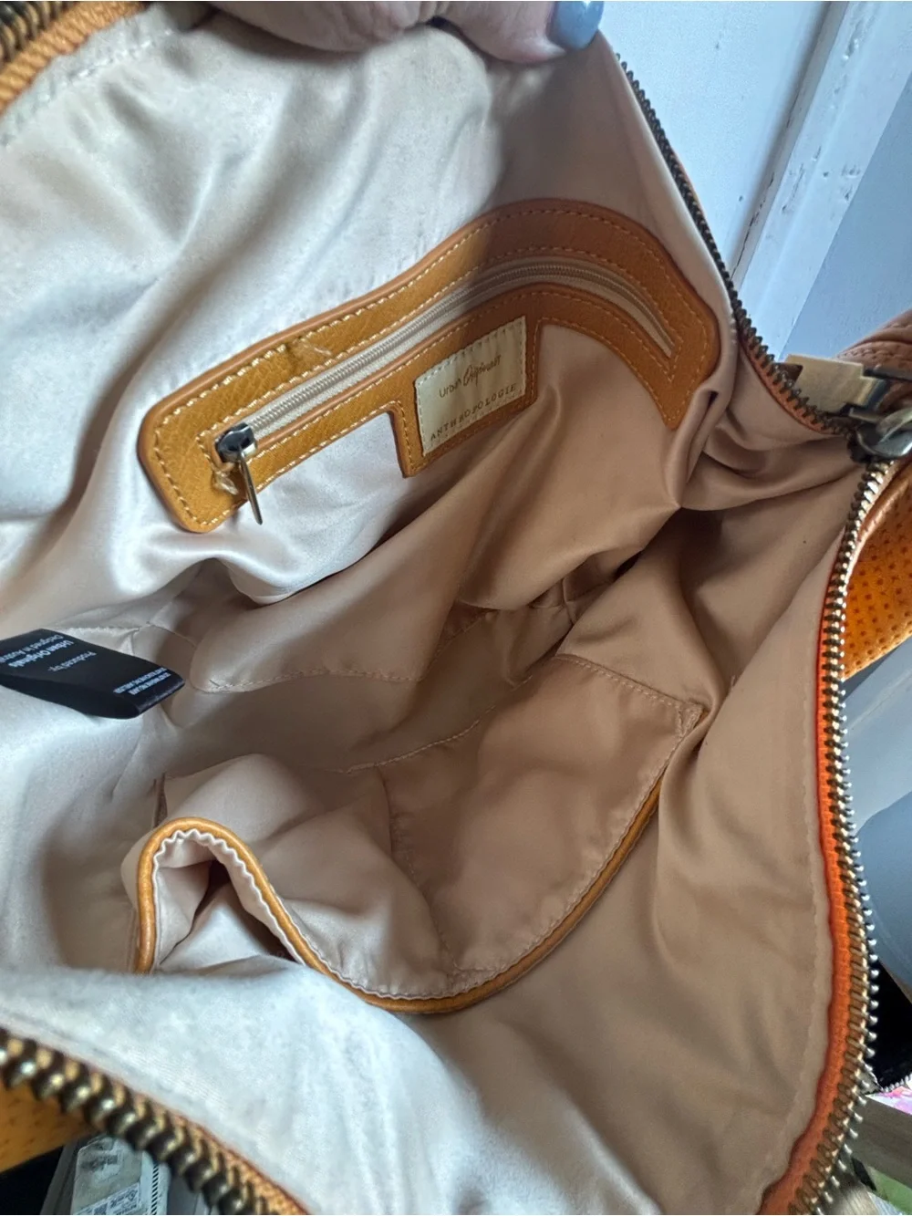Anthropologie Mustard Tan Perforated Faux Leather Hobo Bag